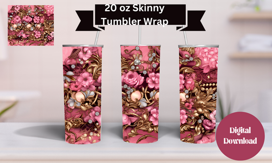 DIGITAL DOWNLOAD ONLY!!! 20 oz skinny tumbler wrap pink and gold design with rhinestones