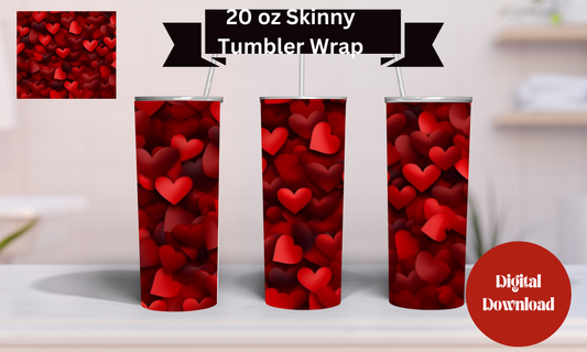 DIGITAL DOWNLOAD ONLY!!!! 3D Seamless Pattern Red hearts 20 oz skinny tumbler Wrap